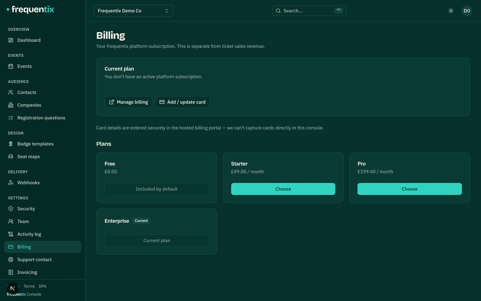 Settings → Billing: the current plan with its per-ticket fee, and the platform's invoices to the organiser.