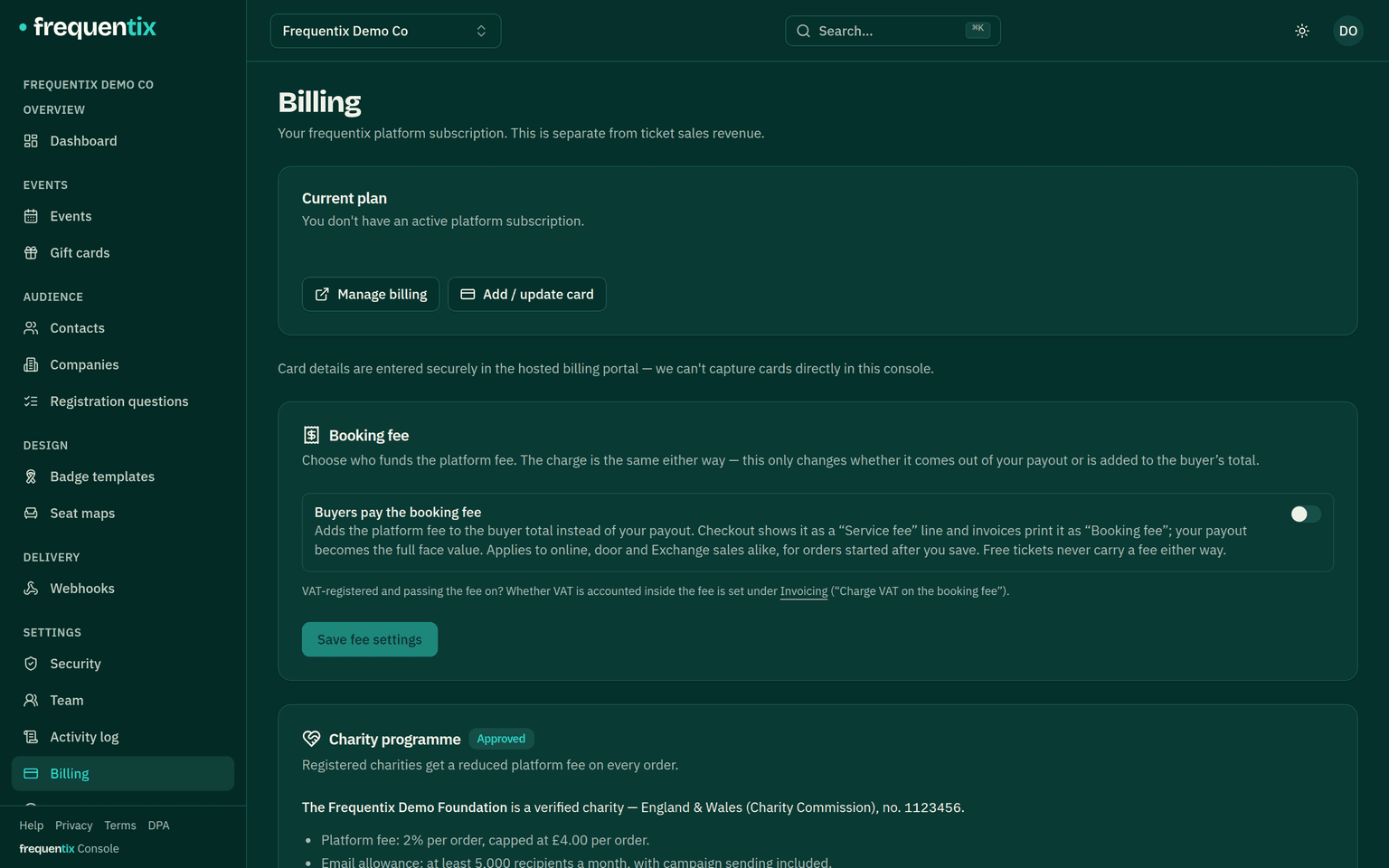 Settings → Billing: the current plan with its platform fee, and the platform's invoices to the organiser.