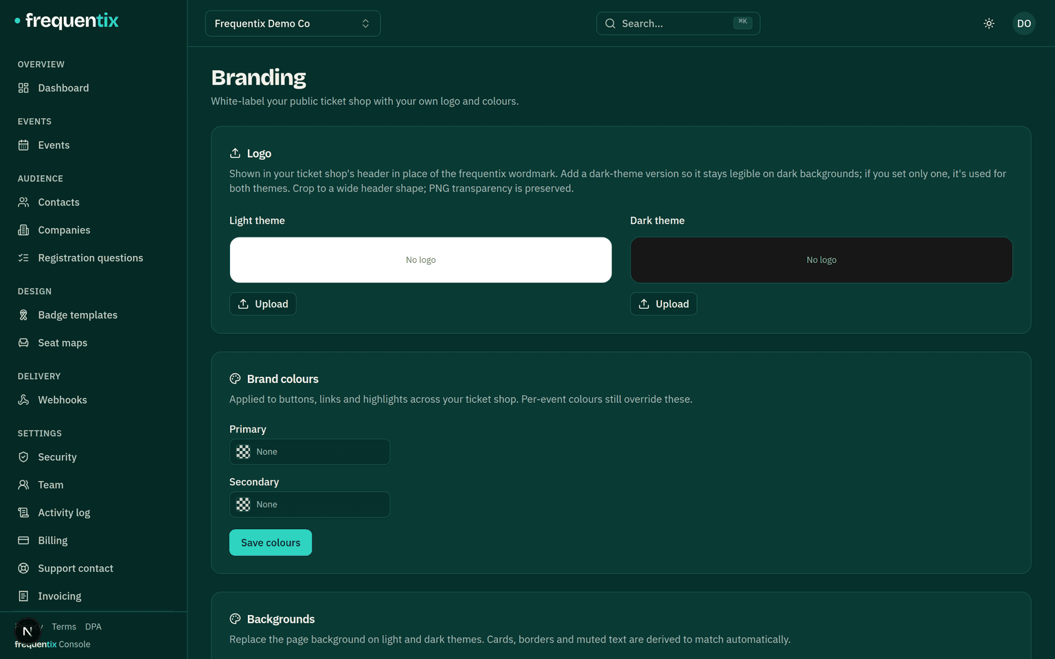Settings → Branding: logo upload and brand colour pickers for the public ticket shop.