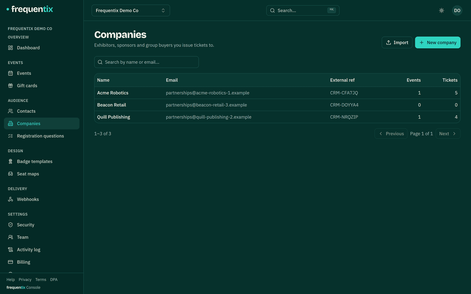 Audience → Companies: a table of companies with each one's contact email and its events and tickets counts, plus Import and New company buttons.