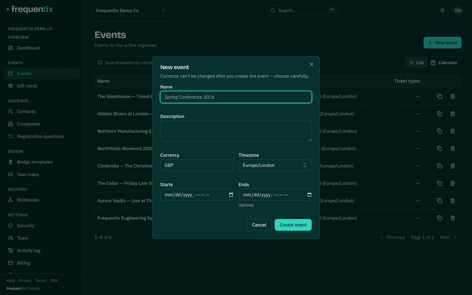 The New event dialog over the events list: name, description, currency, a searchable timezone picker, and start and end dates.