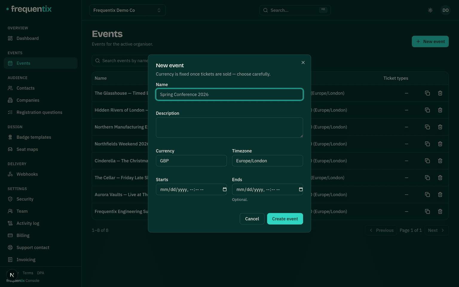 The New event dialog over the events list, asking for name, description, currency, timezone and dates.