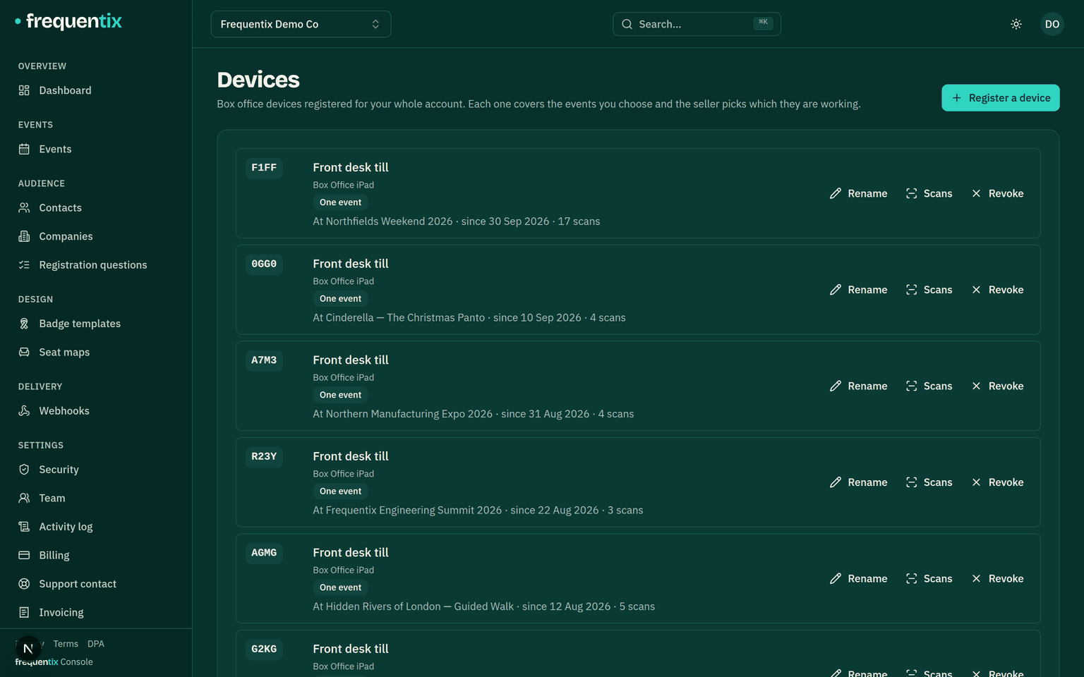 Settings → Devices: organiser-level box office devices with their tags, event coverage and revoke actions.