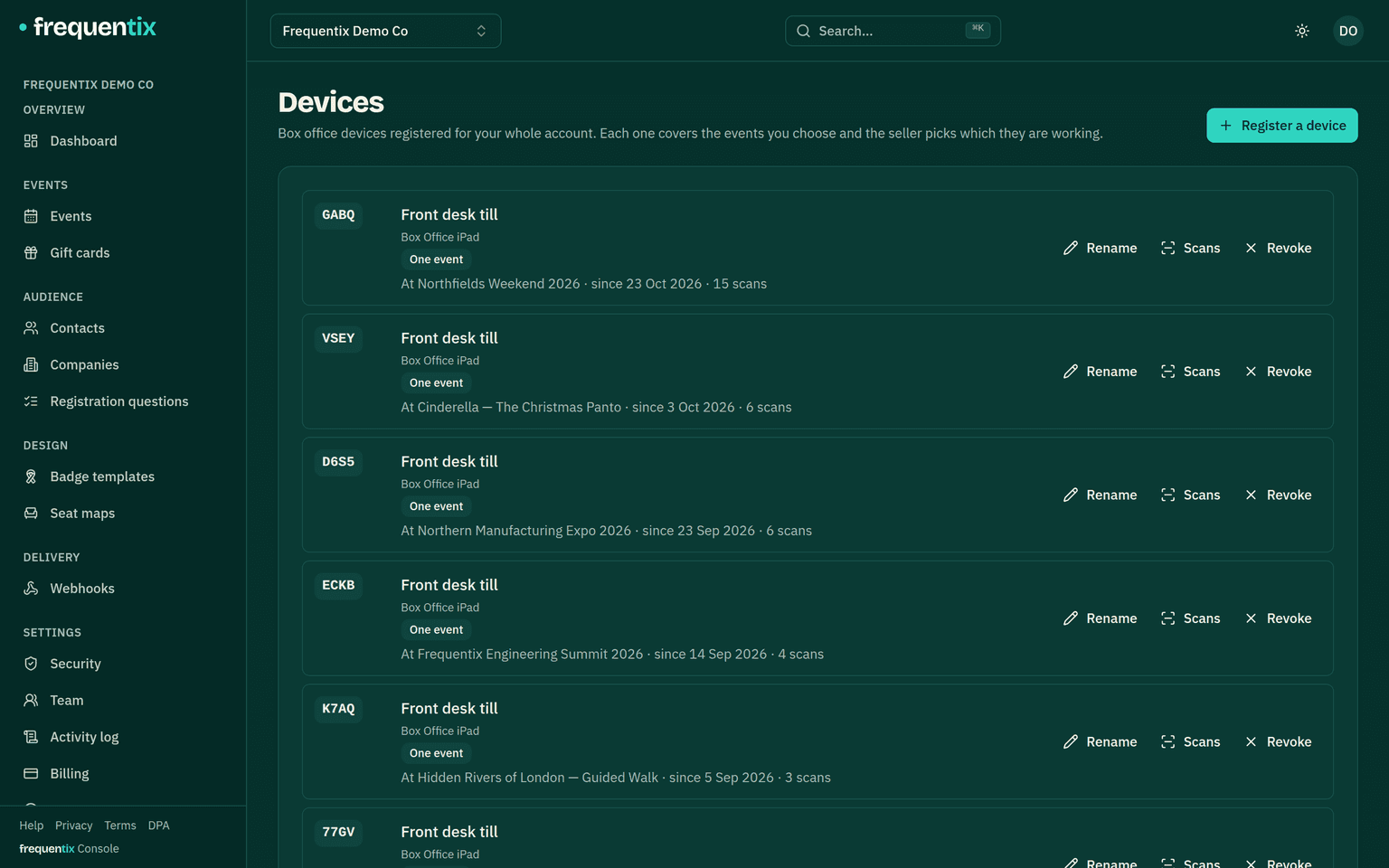 Settings → Devices: organiser-level box office devices with their tags, event coverage and revoke actions.