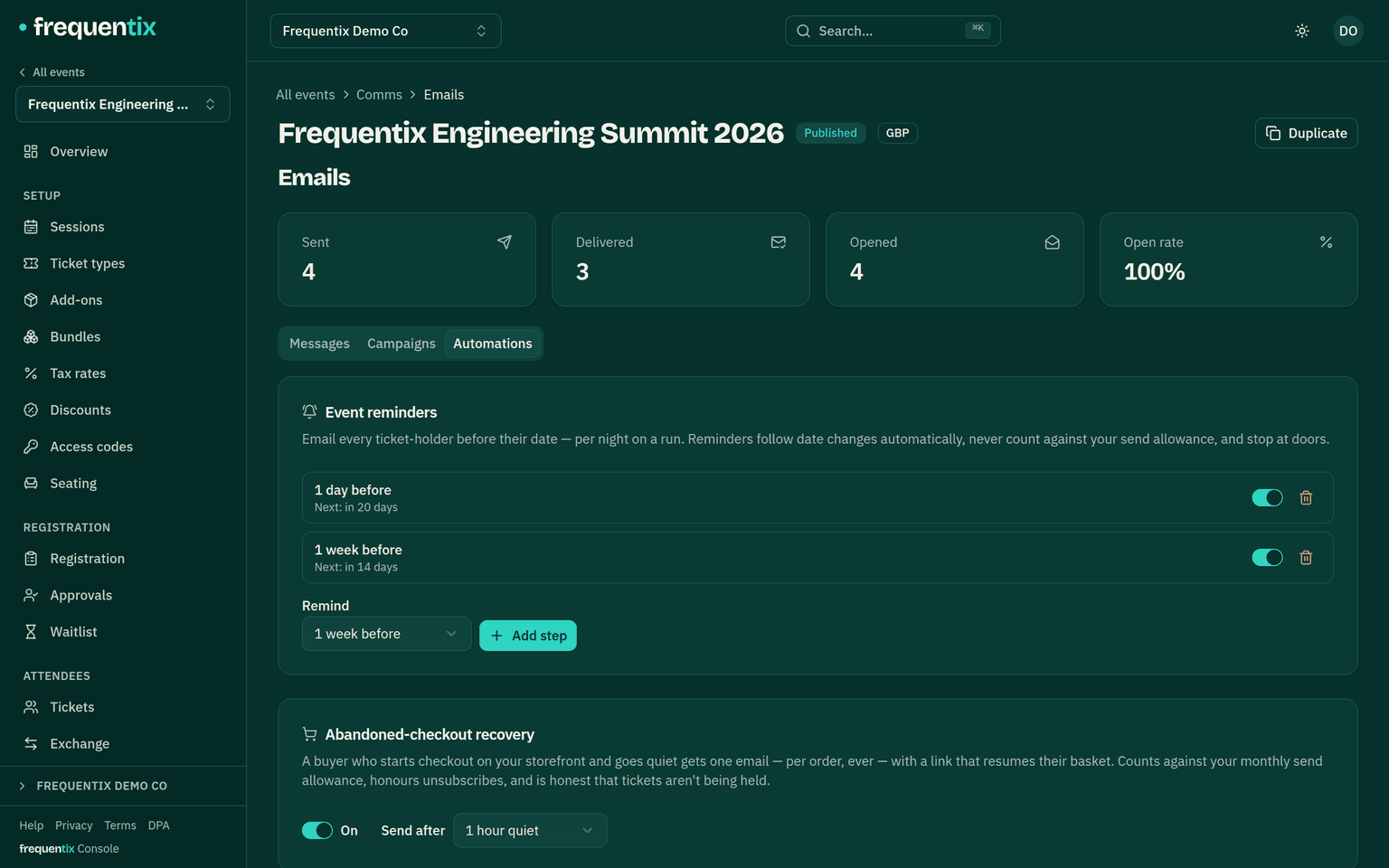 The Automations tab: two event-reminder steps with their next send times and on/off toggles, and the abandoned-checkout recovery card switched on with a one-hour quiet window.