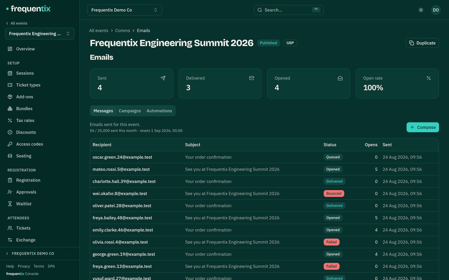 An event’s Emails area: sent messages with their delivery and open state, with the Campaigns and Automations tabs alongside.