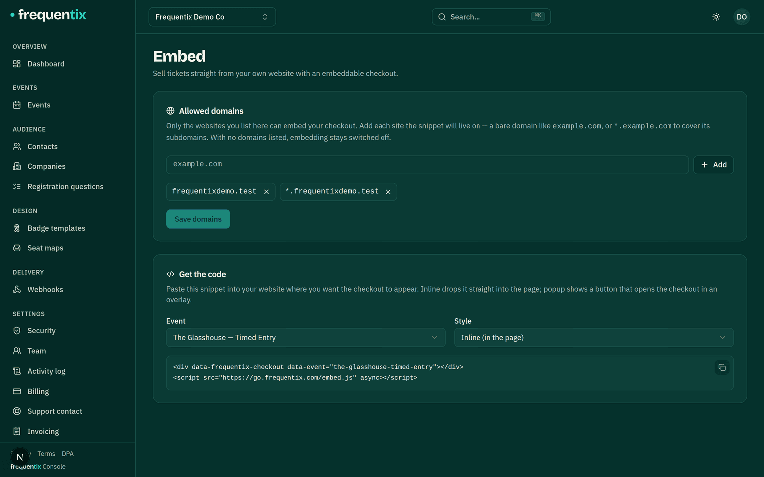 Settings → Embed: the allowed-domains list and the copyable embed snippet.