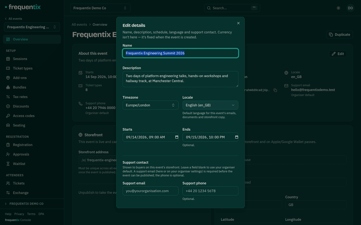 The Edit details dialog for an event, with Timezone and Locale side by side — Europe/London and English (en_GB) — and a note under Locale reading: default language for this event's emails, documents and storefront copy.