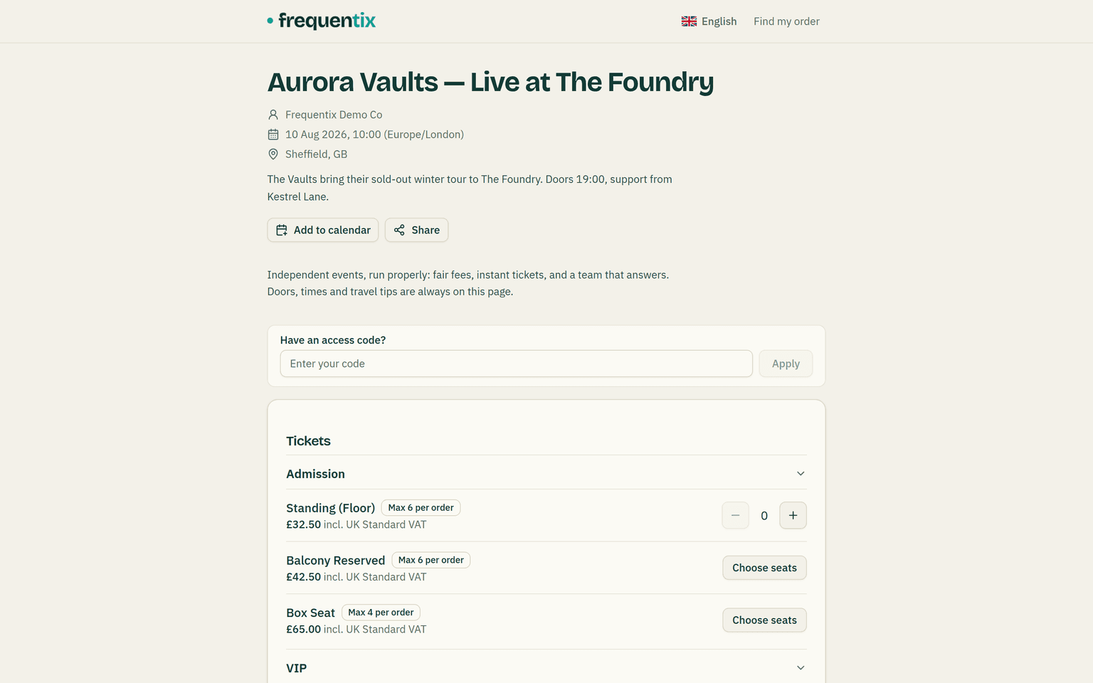 A live storefront event page: title and description, Add to calendar and Share buttons, an access-code field, and the grouped ticket list with prices and quantity steppers.