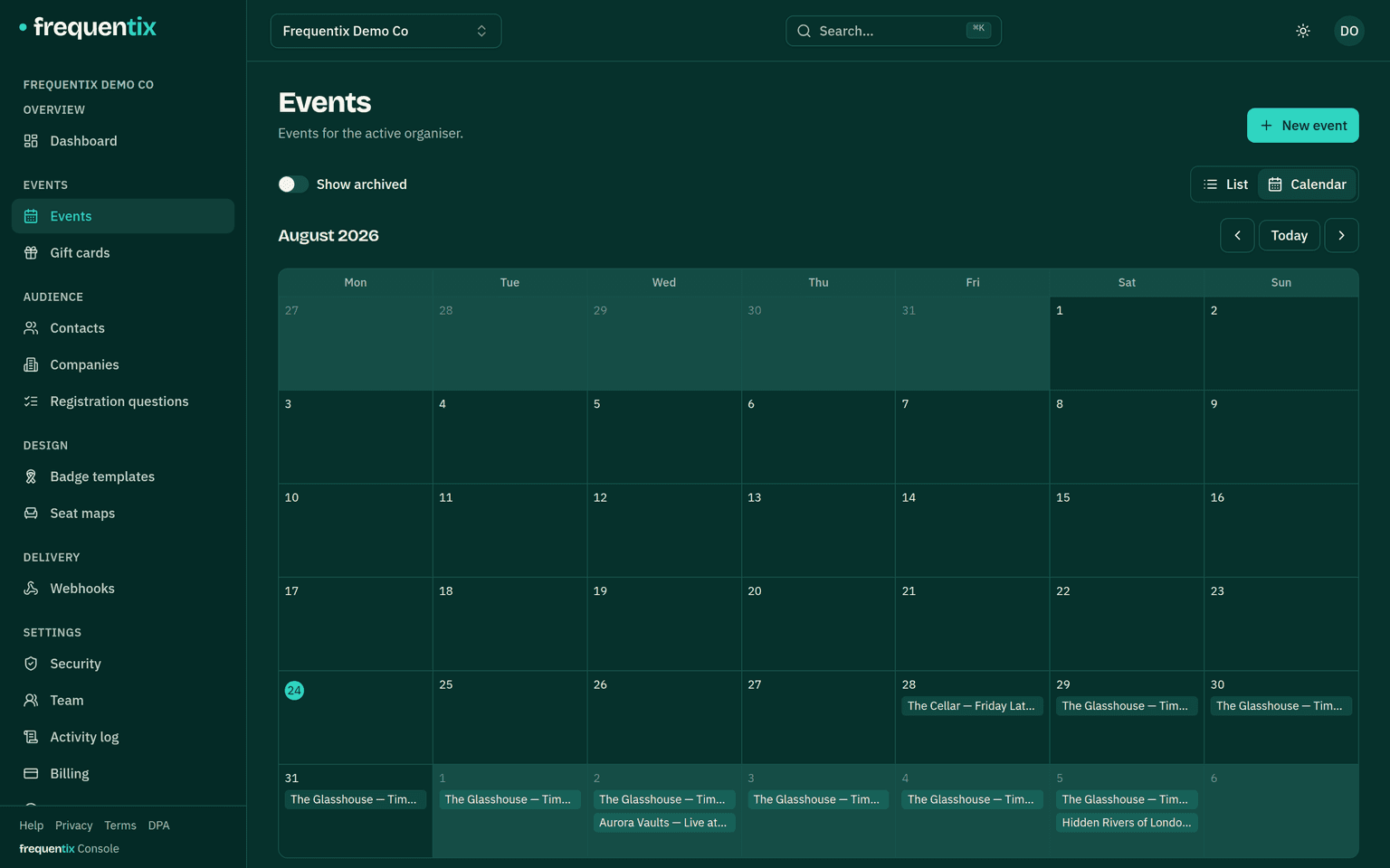The Events list in Calendar view: a month grid with each event marked on the days it actually runs, a multi-night run marked on each of its nights rather than filling the days between.