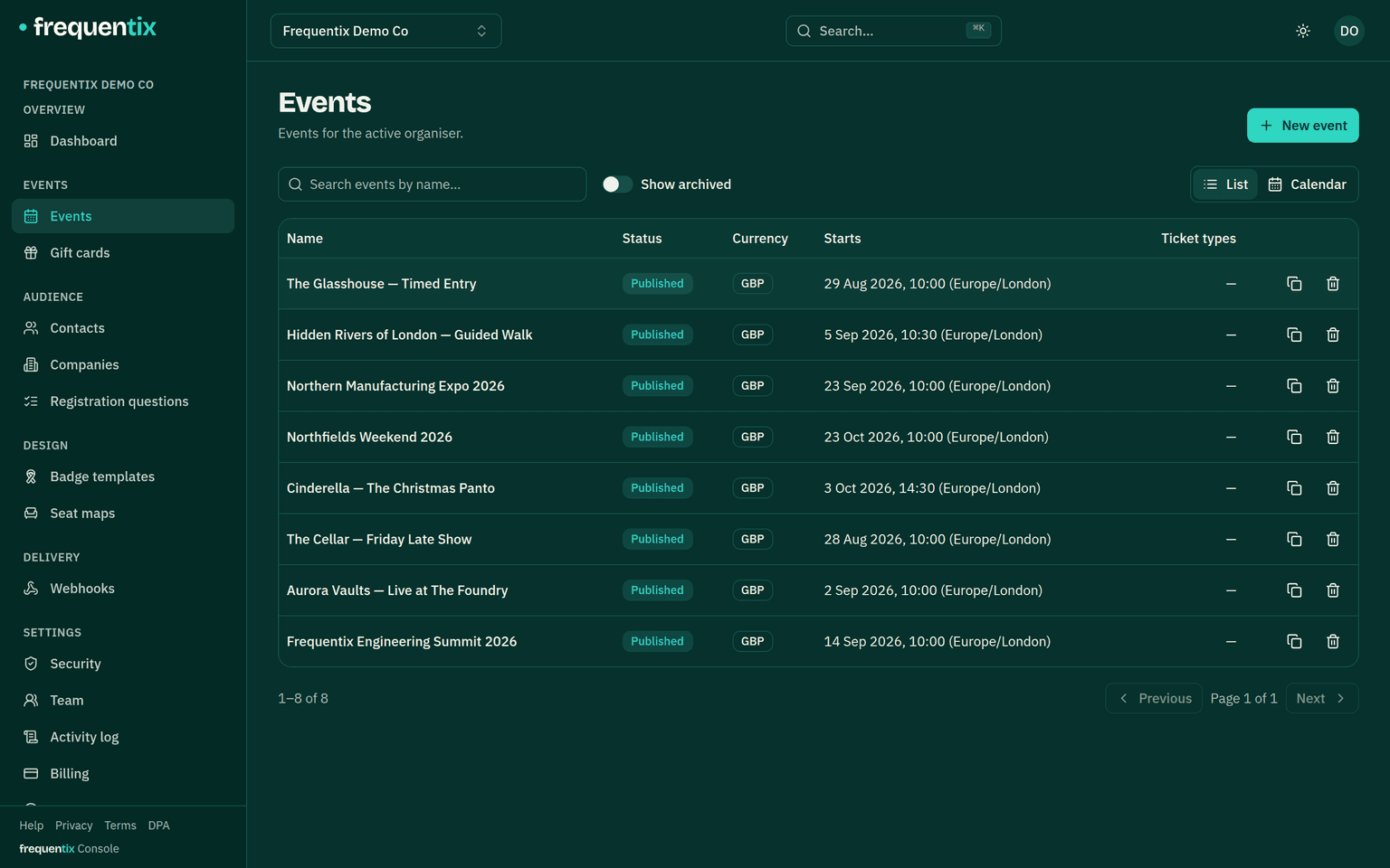 The Events list: eight events with their status, dates and ticket-type counts, plus duplicate and archive row actions.