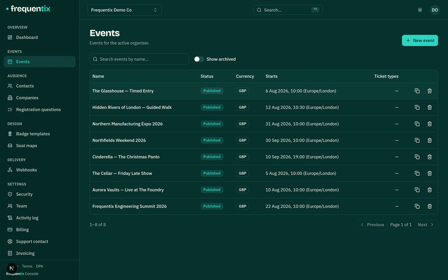 The Events list: eight events with their status, dates and ticket-type counts, plus duplicate and archive row actions.