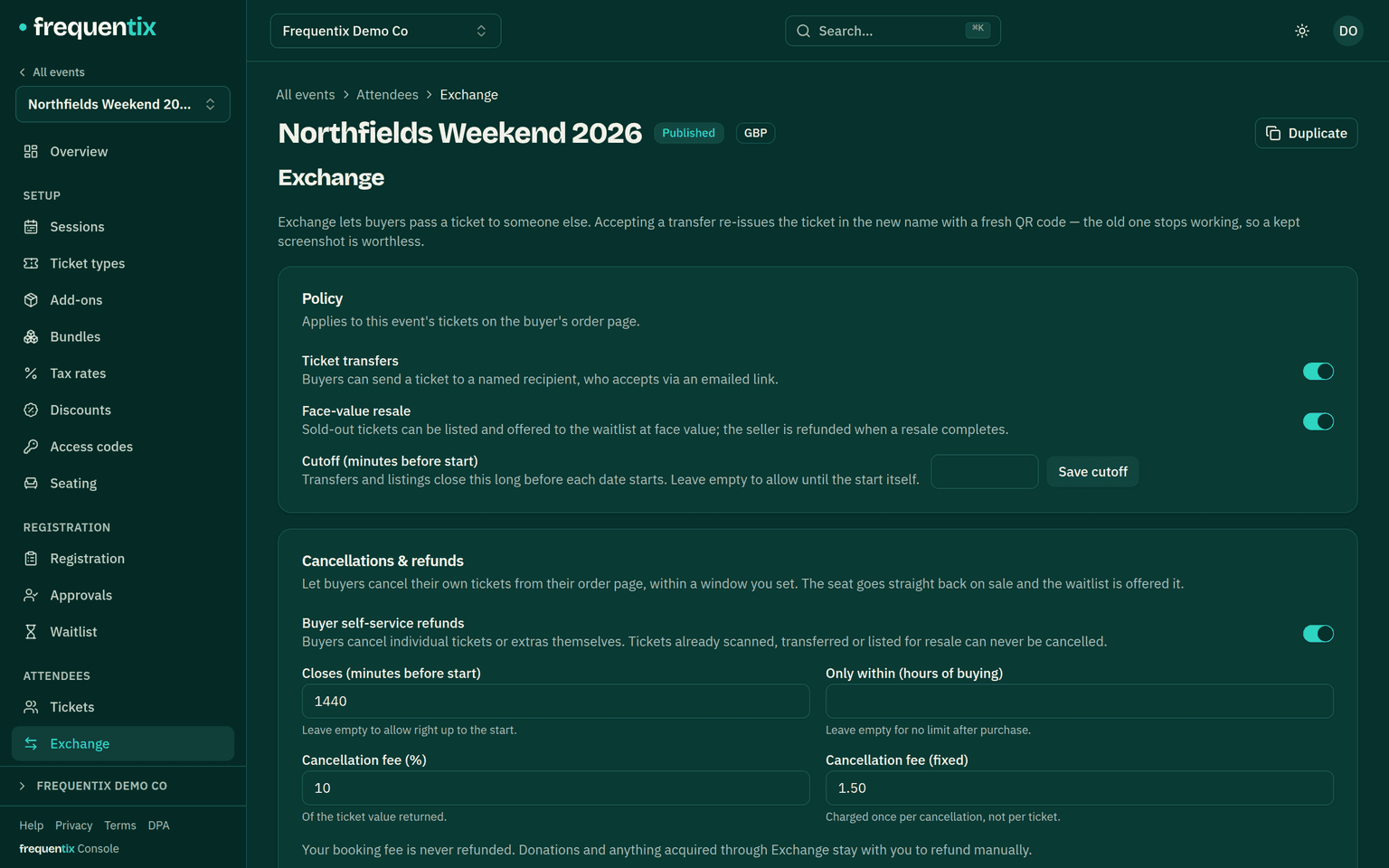 An event's Exchange page: a Policy card with Ticket transfers and Face-value resale switched on (a Date swaps switch appears here on a multi-date run) and a cutoff field, above a Transfer log listing three Weekend + Camping tickets — one offer pending and two accepted, each naming sender and recipient with a Cancel action — and the top of the Resale listings table with its ticket, seller, face value and status columns.