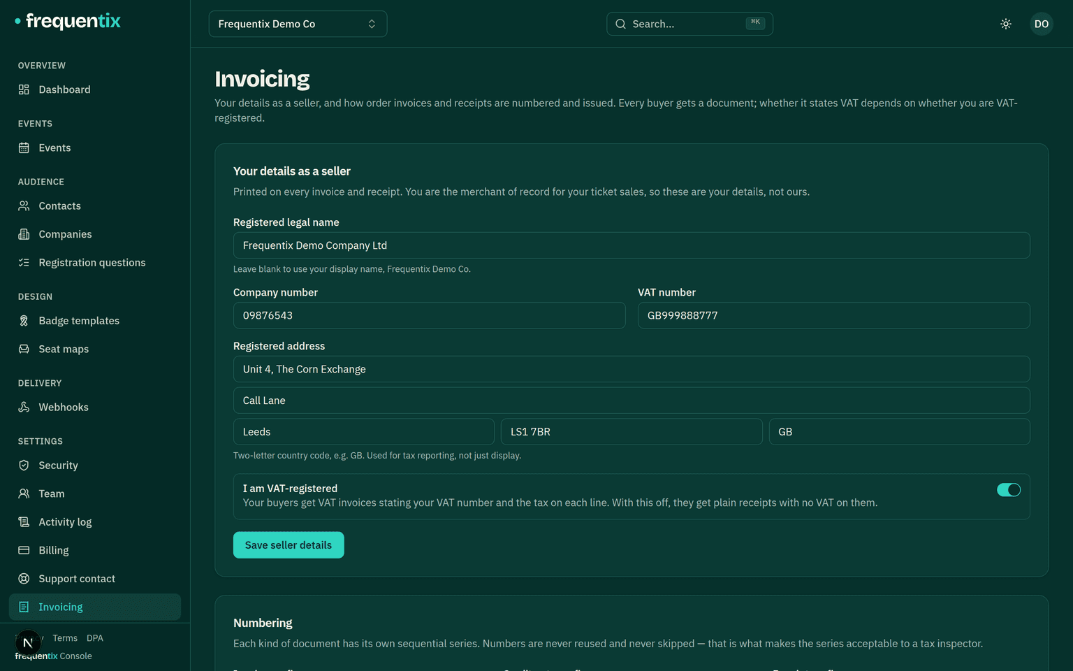 Settings → Invoicing: seller identity fields, document numbering options and the issuing policy.