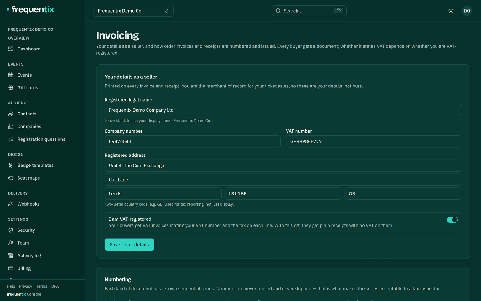 Settings → Invoicing: seller identity fields, document numbering options and the issuing policy.
