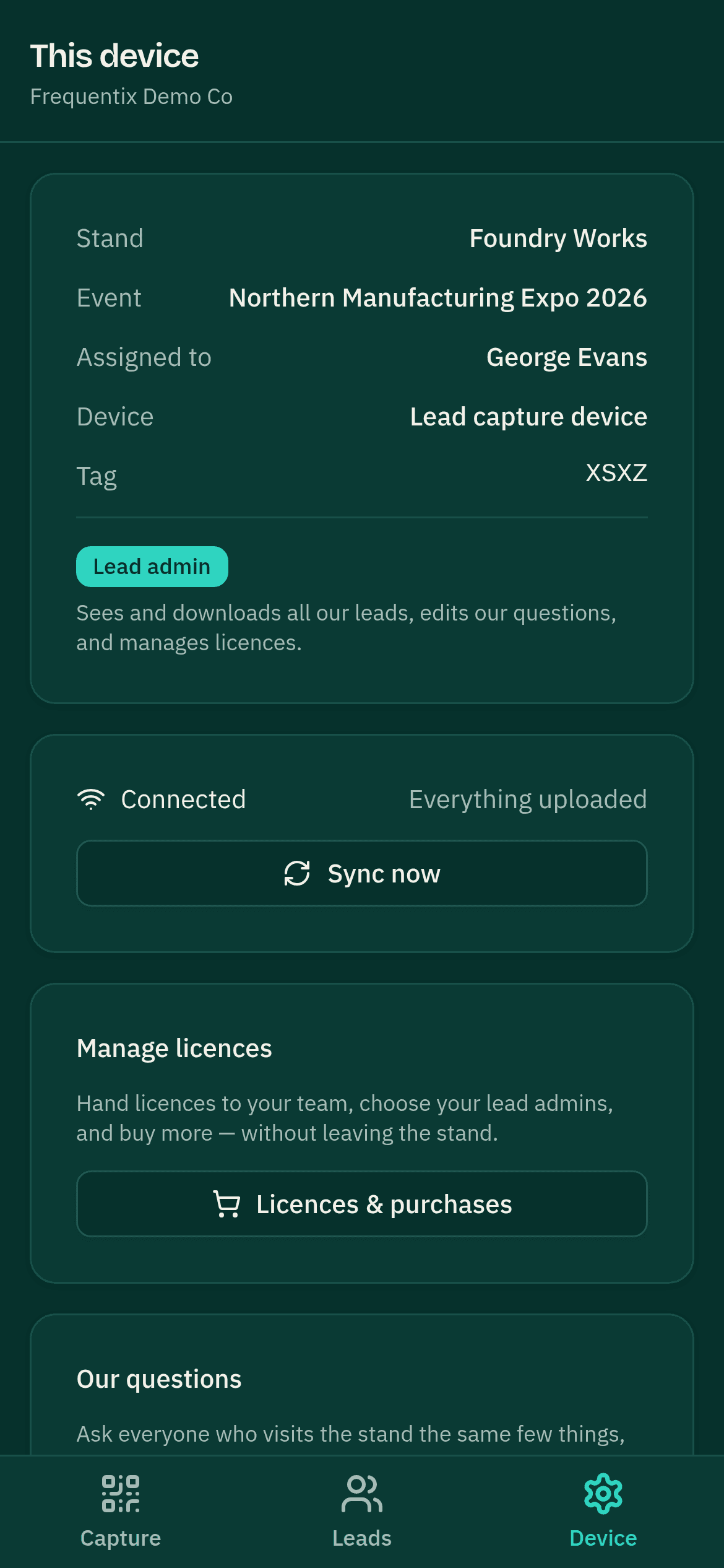 The Device screen: rows for stand, event, holder and device tag, a Lead admin badge above the line Sees and downloads all our leads, edits our questions, and manages licences, a Connected card reading Everything uploaded with a Sync now button, and a Manage licences card.