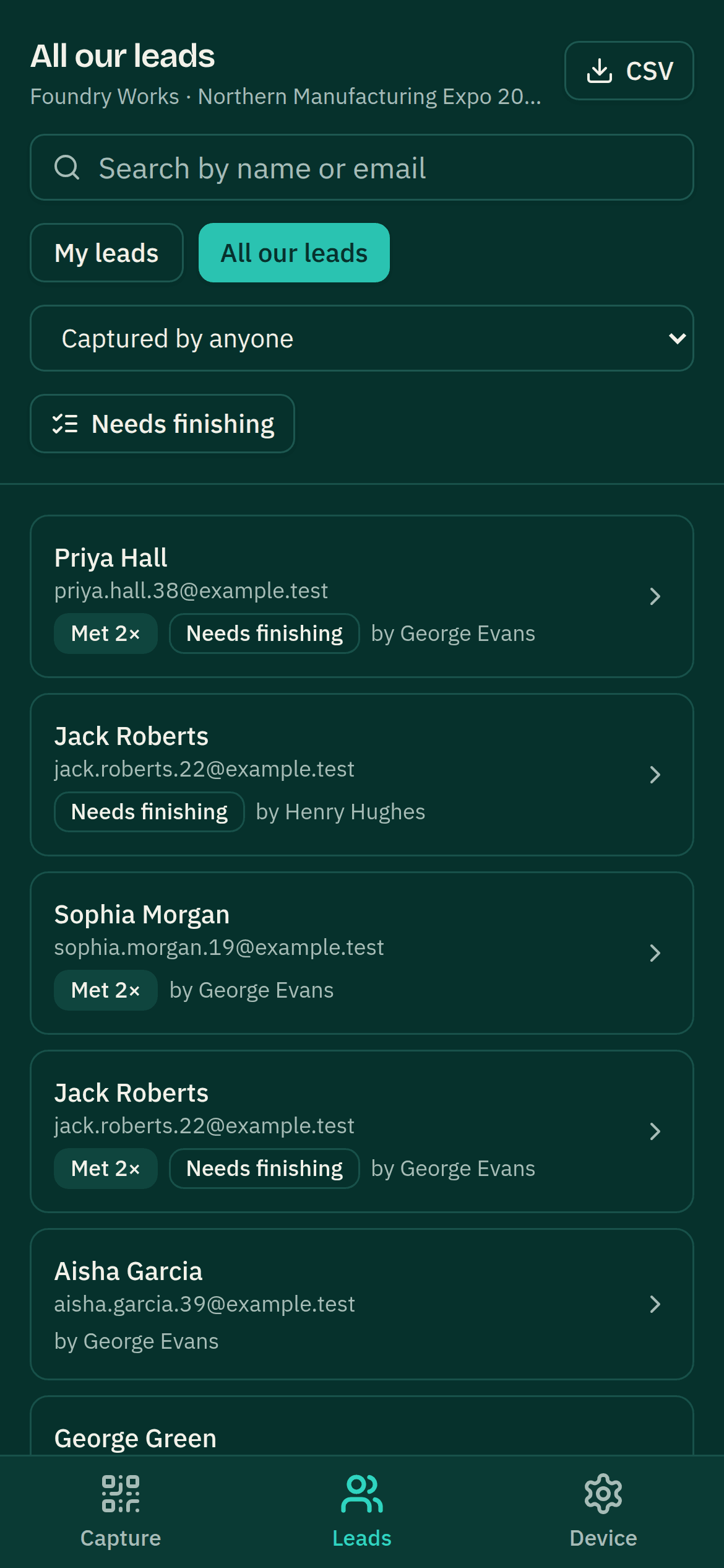 All our leads in the Leads app: a search field, My leads and All our leads toggles, a Captured by anyone filter and a Needs finishing toggle, then lead cards — Priya Hall by George Evans, Jack Roberts by Henry Hughes, Sophia Morgan with a Met 2× badge — each attributed to the colleague who met them.
