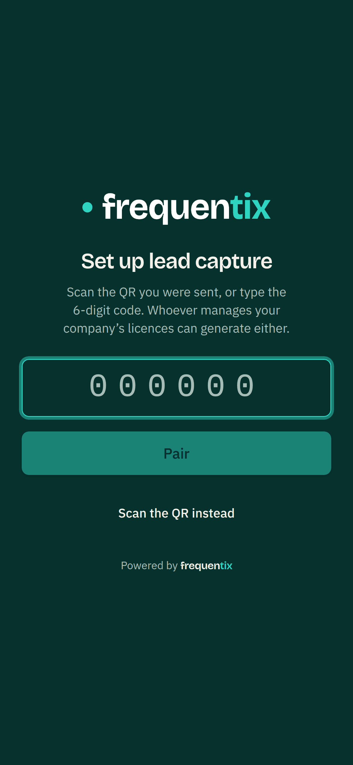 The Leads app's pairing screen on a phone: the heading Set up lead capture, six code boxes, a Pair button and a link reading Scan the QR instead.
