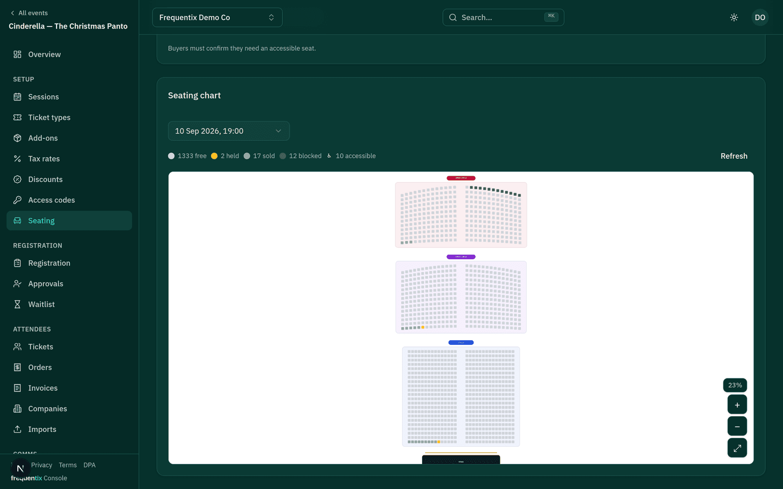 A pantomime's seating chart for the 10 September performance, with a date picker above a legend reading 1,333 free, 2 held, 17 sold, 12 blocked and 10 accessible, and the three tiers of the theatre — Upper Circle, Dress Circle and Stalls — drawn seat by seat above the stage.