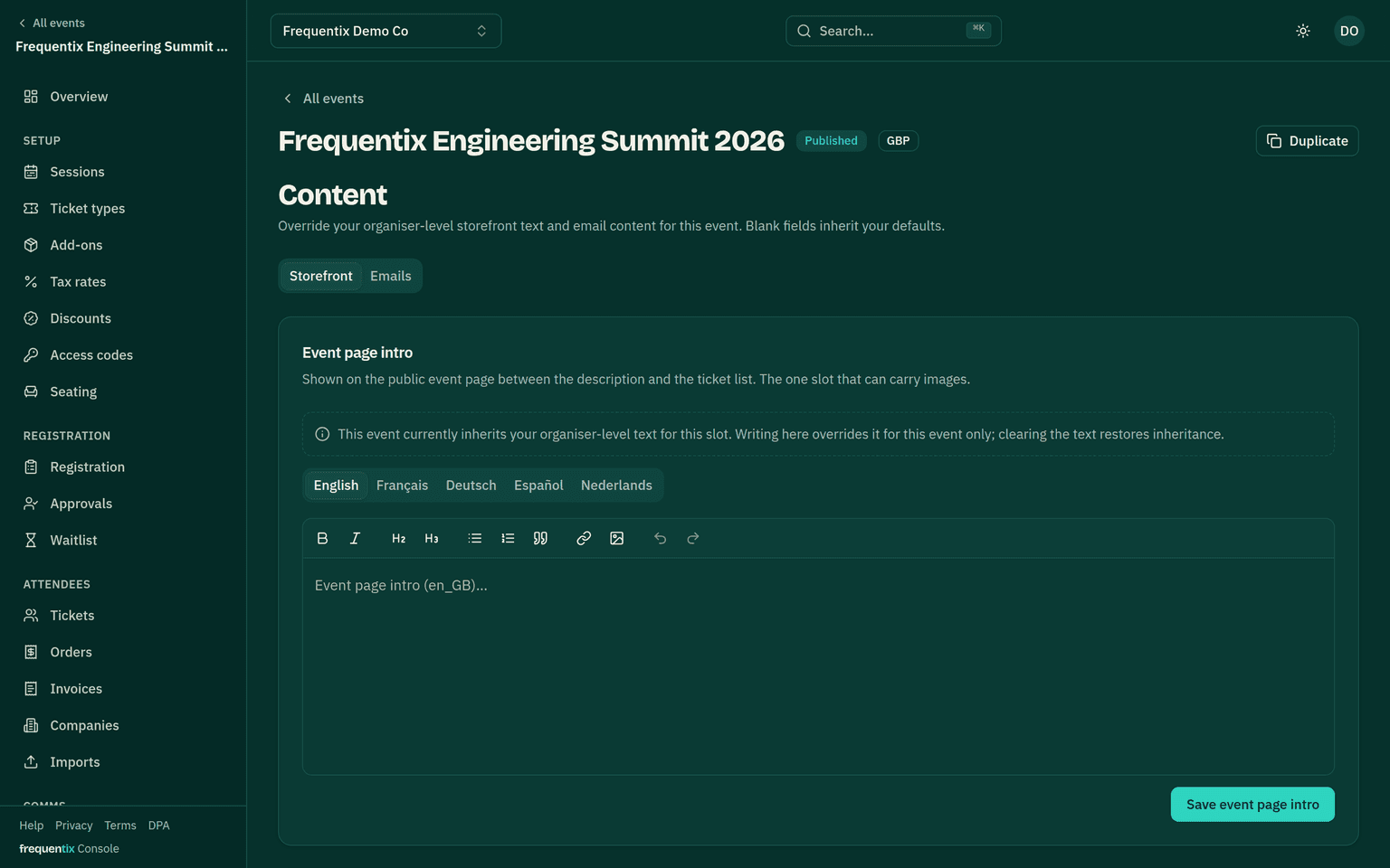 The console's storefront content editor: the event-page intro field with a tab for each of the five languages, and a note that blank languages inherit the default.