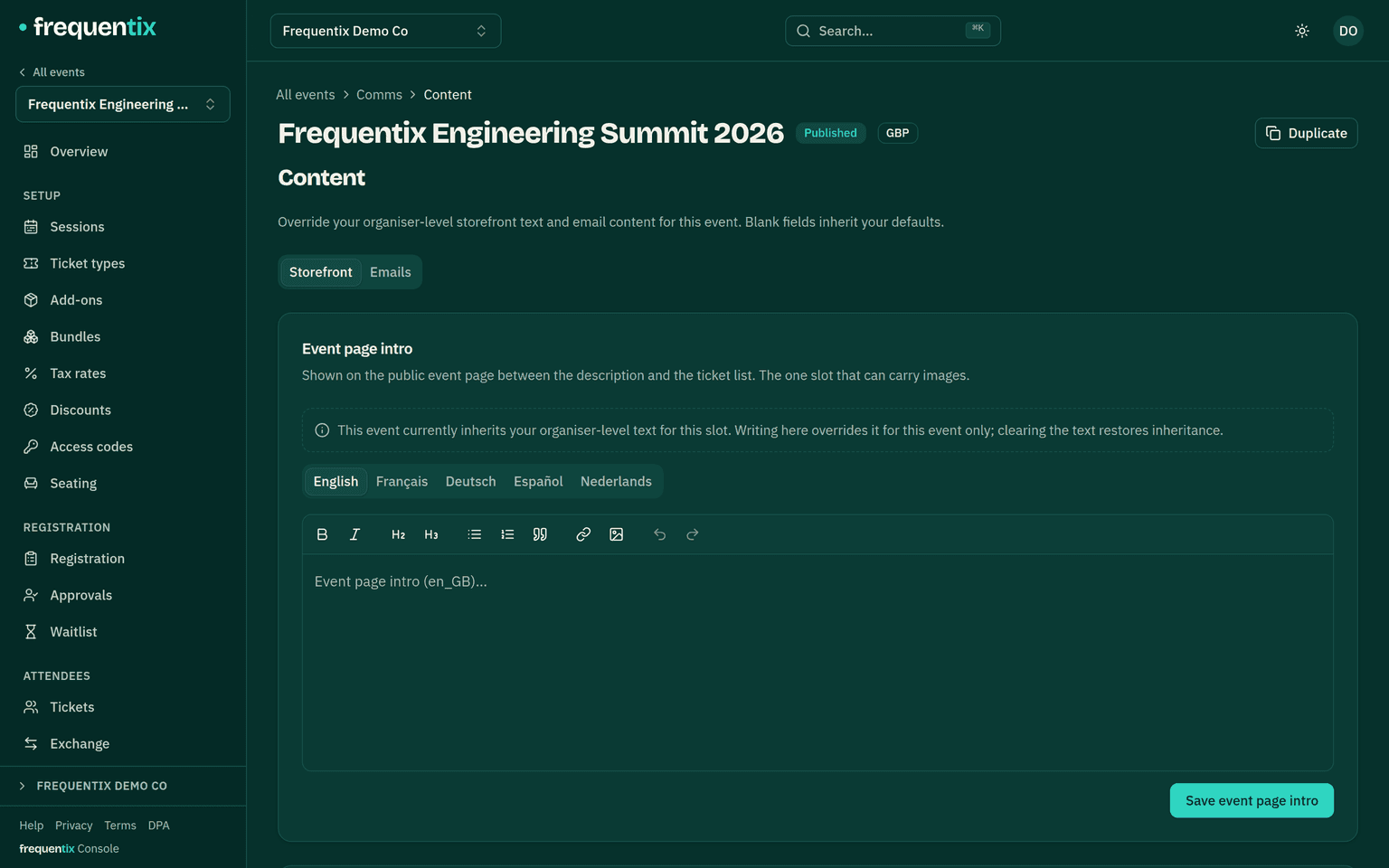 The console's storefront content editor: the event-page intro field with a tab for each of the five languages, and a note that blank languages inherit the default.
