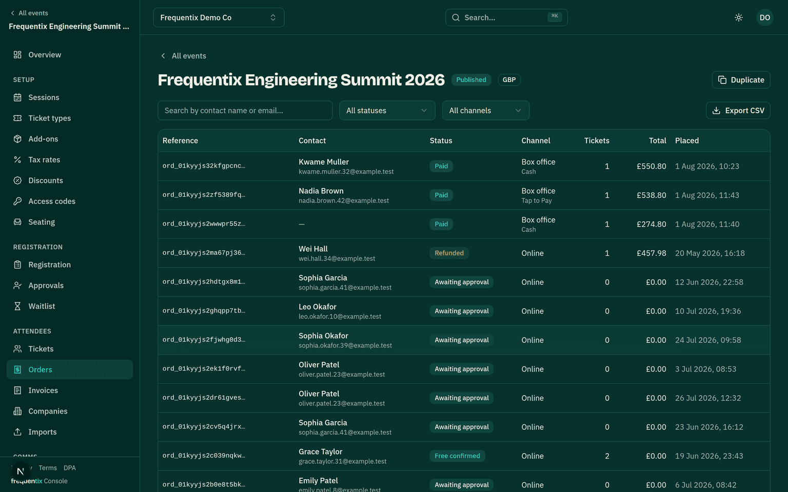 An event’s Orders list: buyers, totals, payment status and dates.