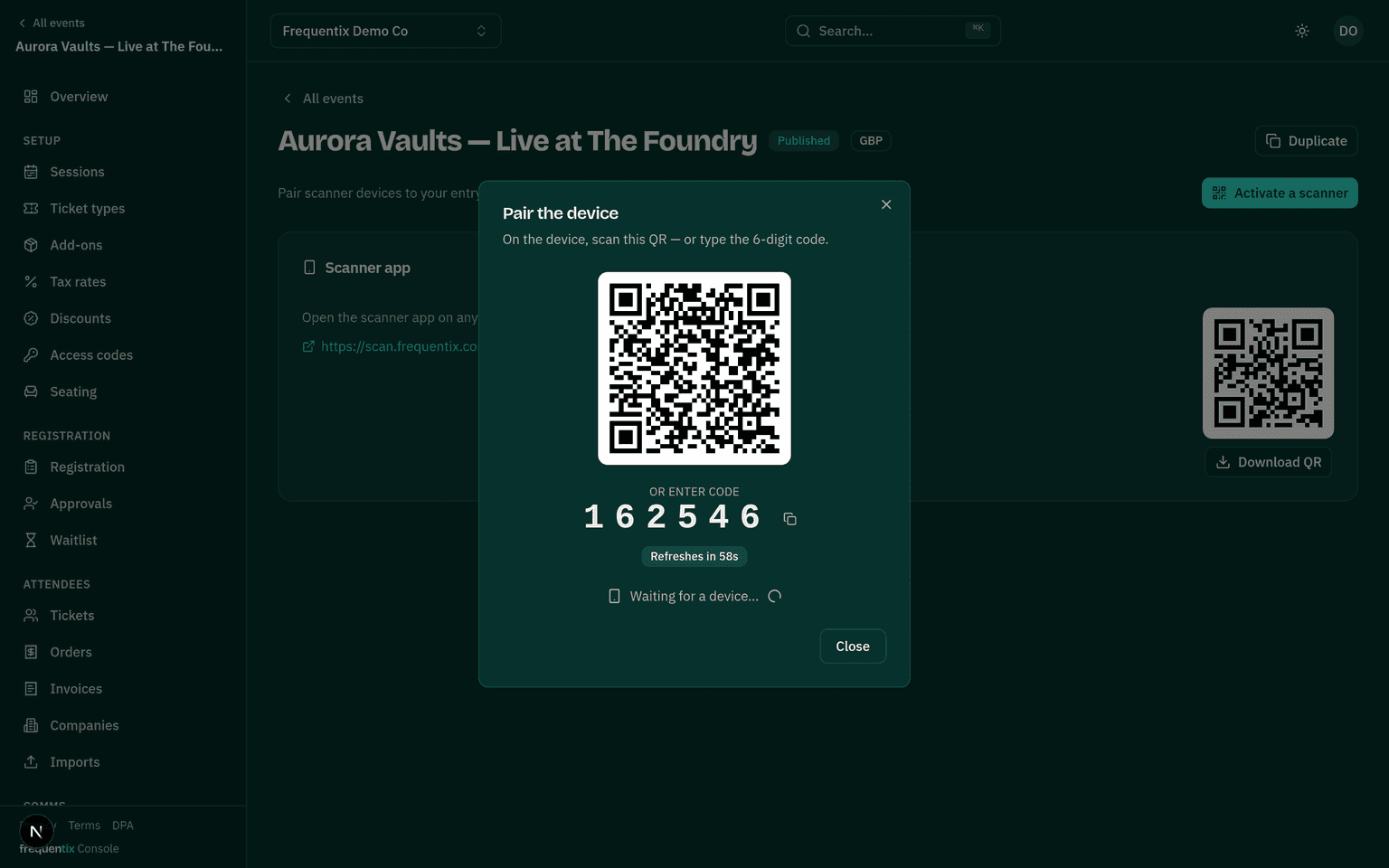 The console's Pair the device dialog: a QR code, a large 6-digit code with a refresh countdown, and a waiting-for-device spinner.