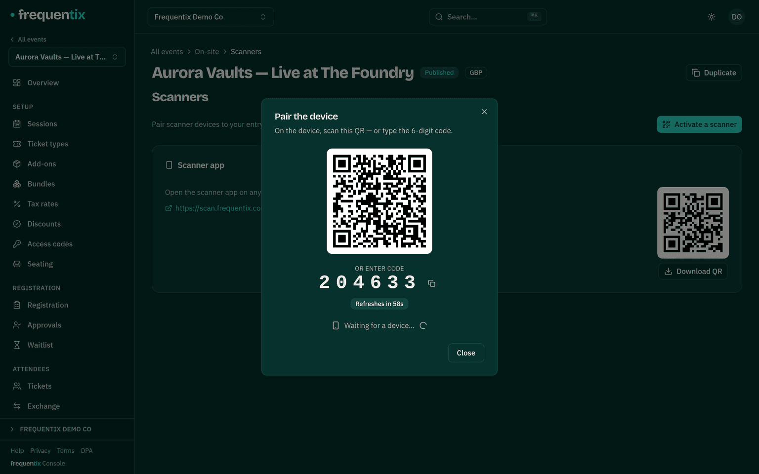 The console's Pair the device dialog: a QR code, a large 6-digit code with a refresh countdown, and a waiting-for-device spinner.