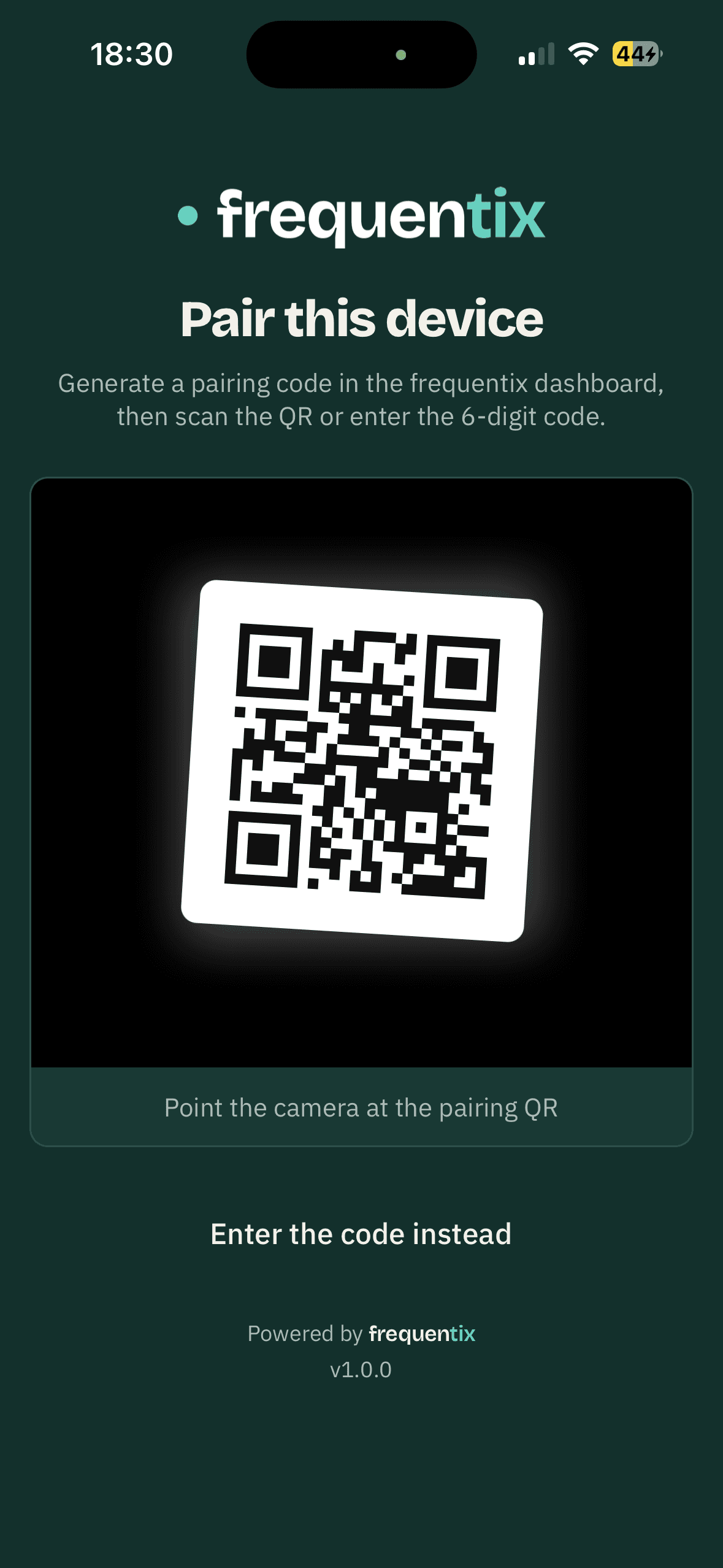 The pairing screen: point the camera at the code shown in your console.