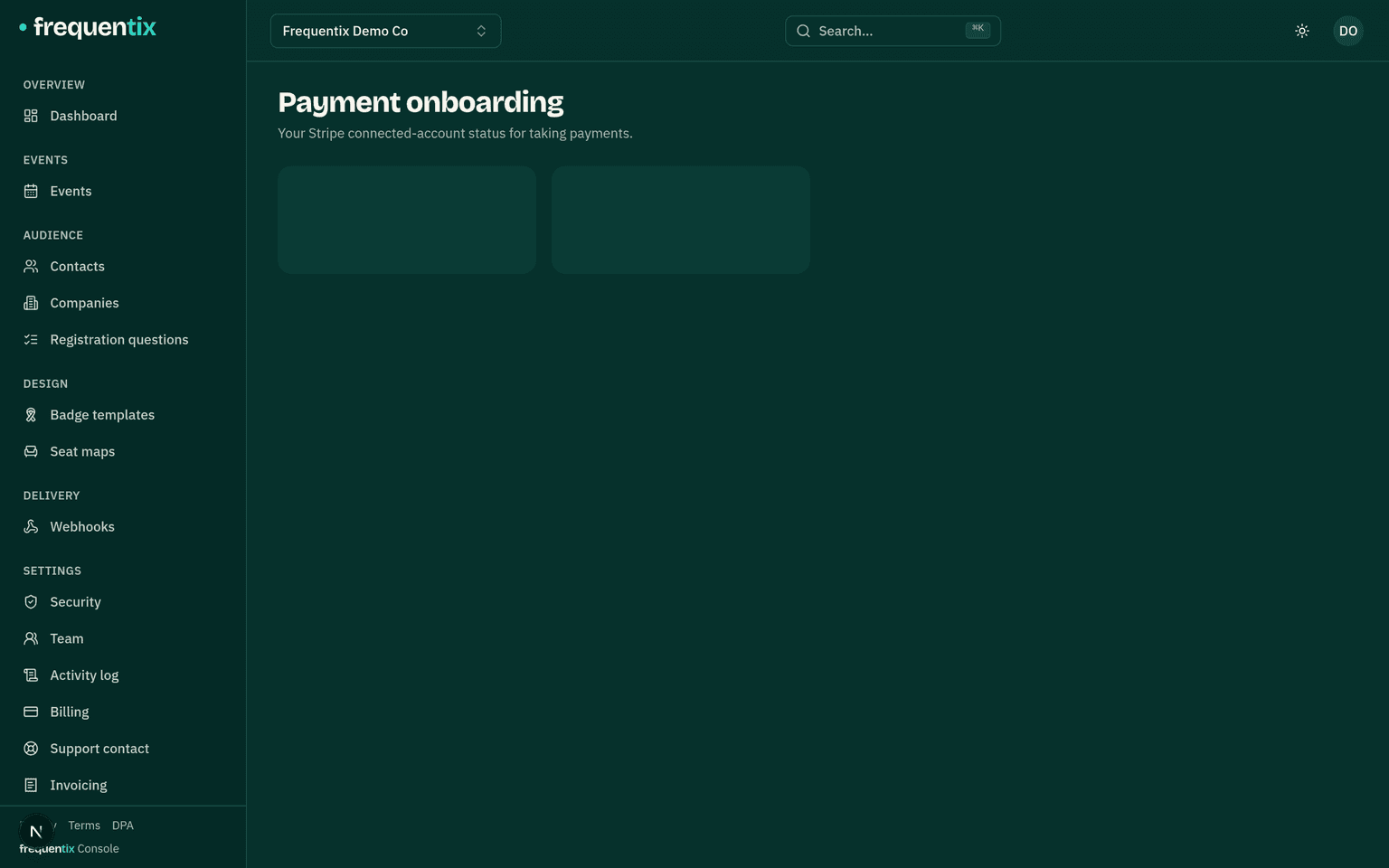 Settings → Payment onboarding: the connected Stripe account's status with charges and payouts enabled.