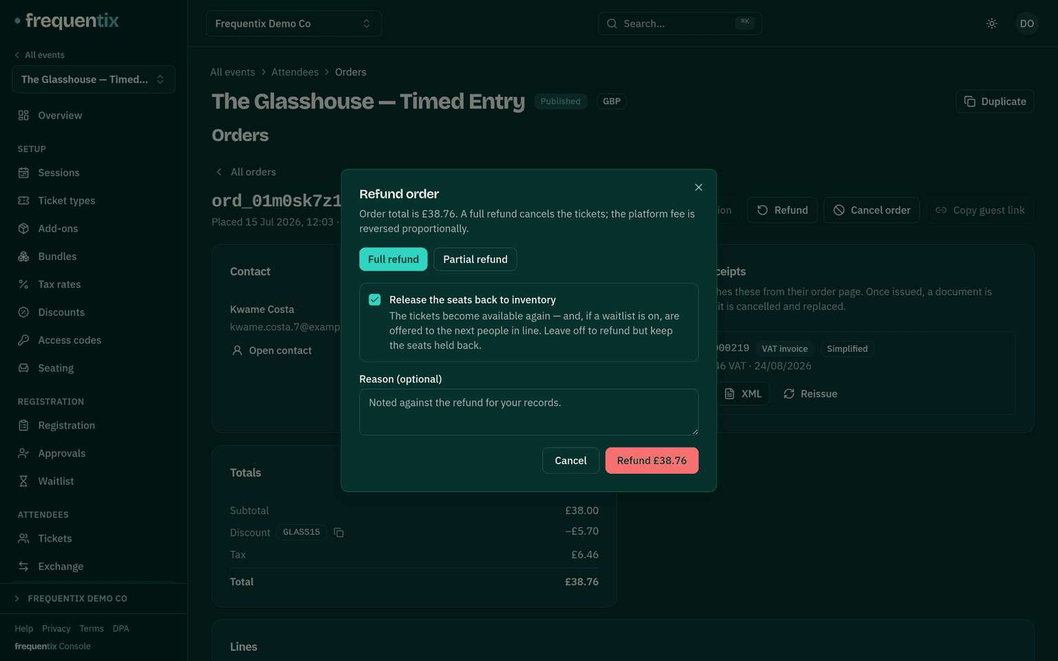 The Refund order dialog on a £45.60 order: Full and Partial refund choices, a ticked 'Release the seats back to inventory' option explaining the waitlist is offered the freed stock, an optional reason field, and a Refund £45.60 button.