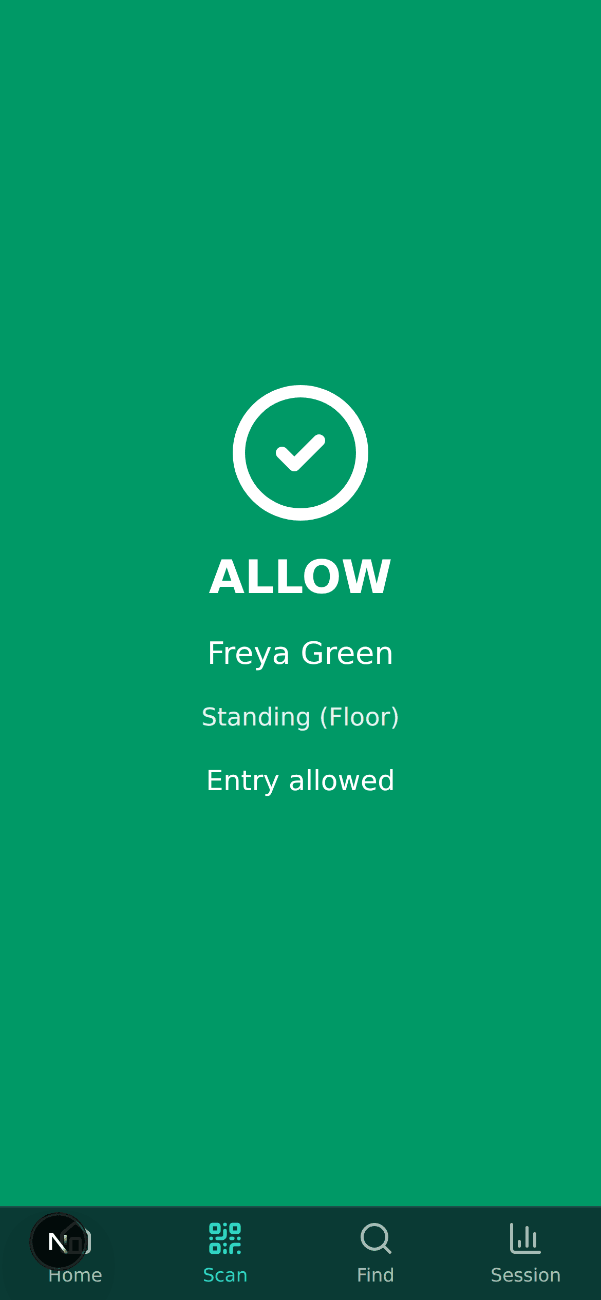 Scanner's verdict screen filling a phone in green: a large tick, the word ALLOW, then the attendee's name Freya Green, their ticket type Standing (Floor), and the line Entry allowed.