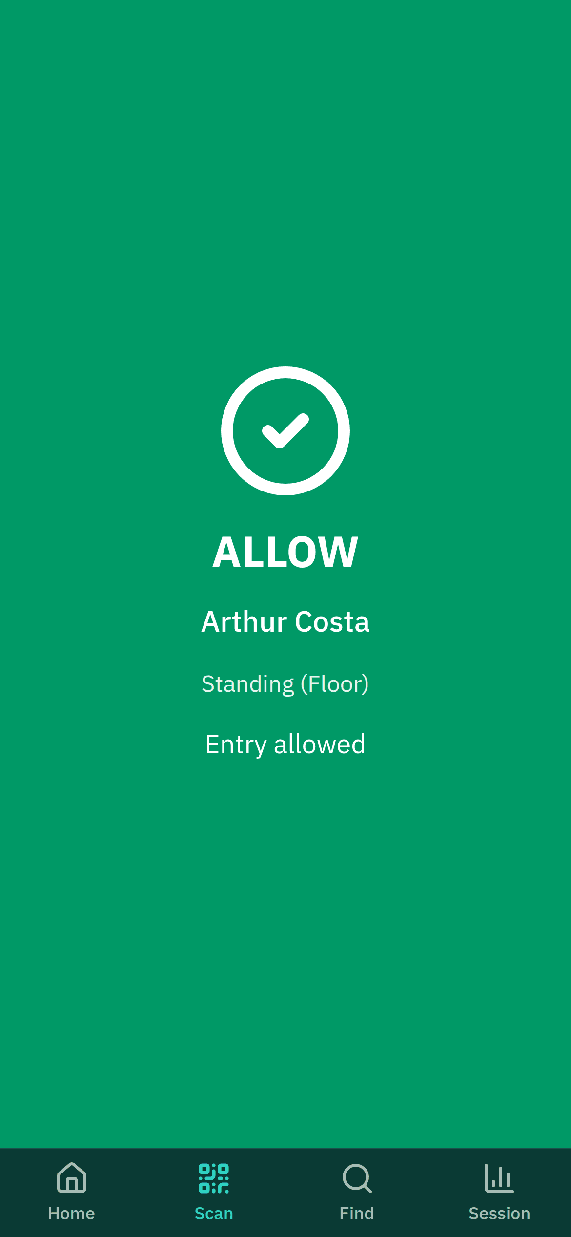 Scanner's verdict screen filling a phone in green: a large tick, the word ALLOW, then the attendee's name Arthur Costa, their ticket type Standing (Floor), and the line Entry allowed.