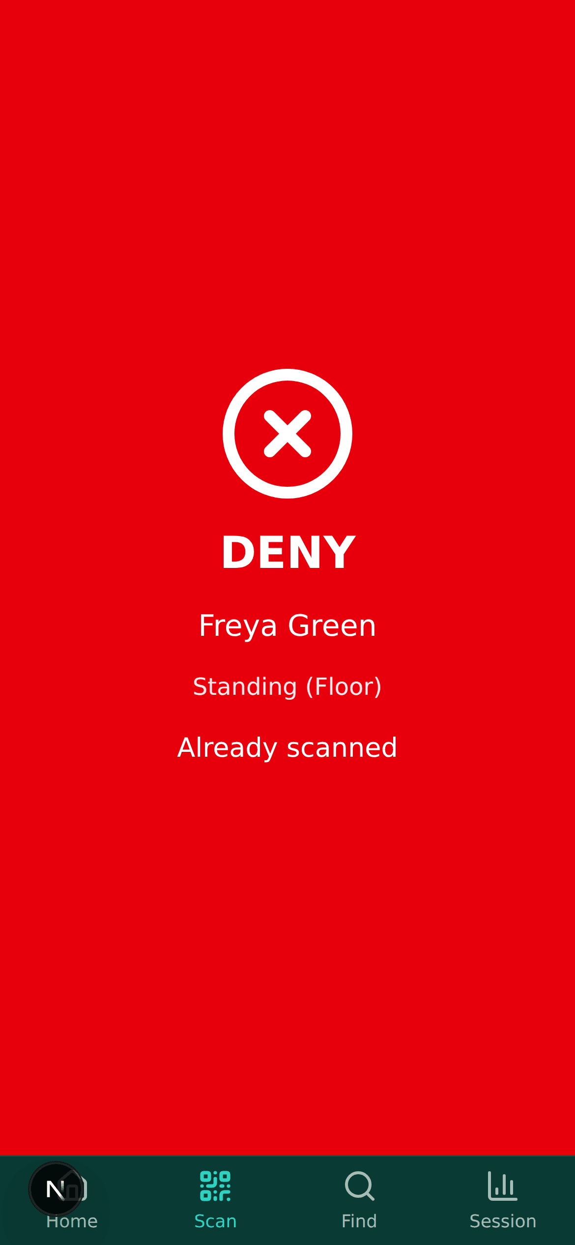 Scanner's refusal screen filling a phone in red: a large cross, the word DENY, the attendee's name Freya Green, their ticket type Standing (Floor), and the reason Already scanned.