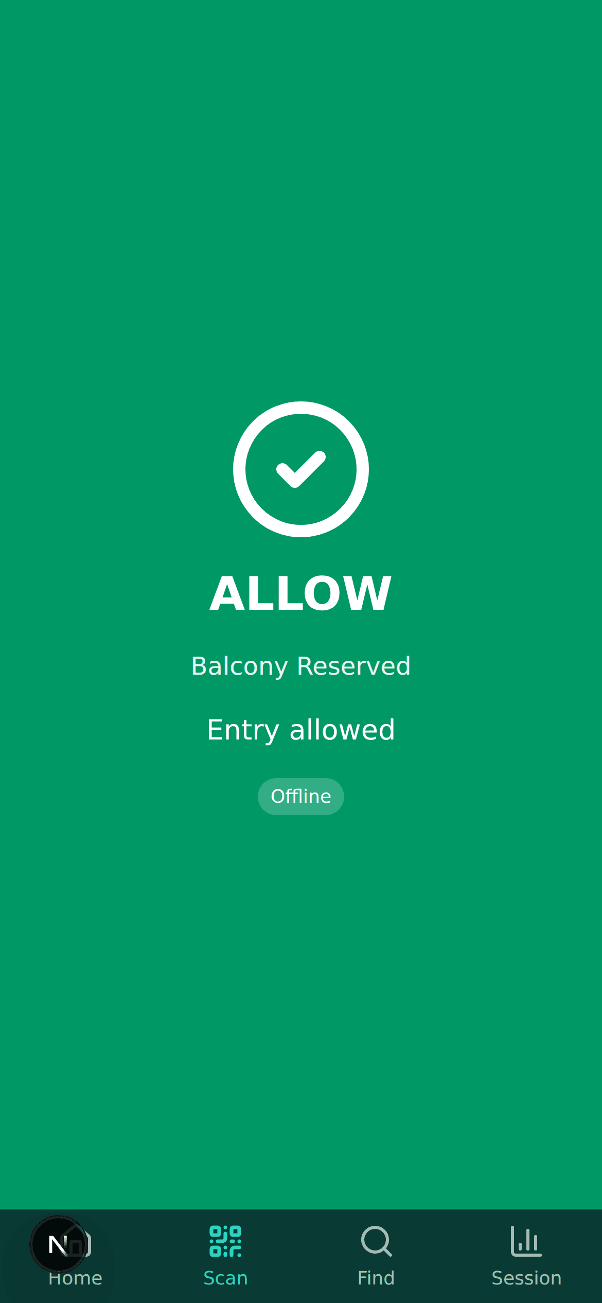 Scanner's verdict screen in green with no connection: a large tick, the word ALLOW, the ticket type Balcony Reserved, the line Entry allowed, and a small pill reading Offline.