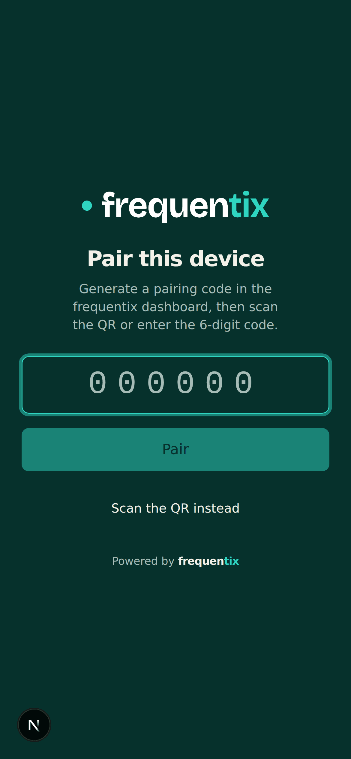 Scanner's pairing screen on a phone: the frequentix logo, the heading Pair this device, a six-box code field, a Pair button, and a link reading Scan the QR instead.