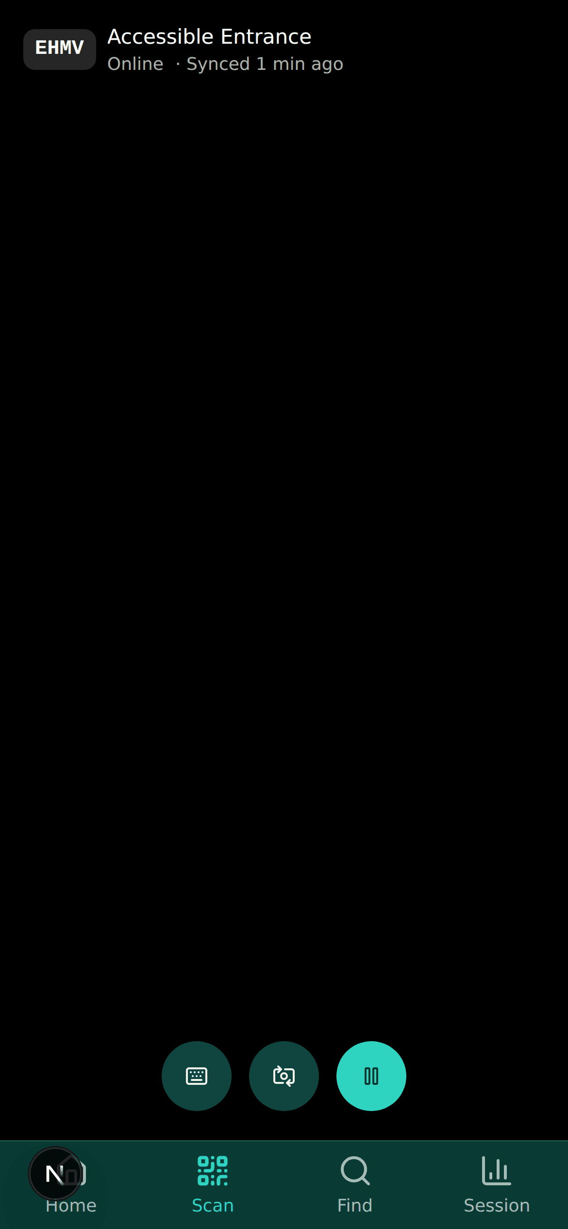 Scanner's scan screen: the camera fills the phone, with the device tag EHMV, the entry point Accessible Entrance, and the status line Online · Synced 1 min ago across the top, and round torch, keyboard, camera-flip and pause buttons across the bottom.