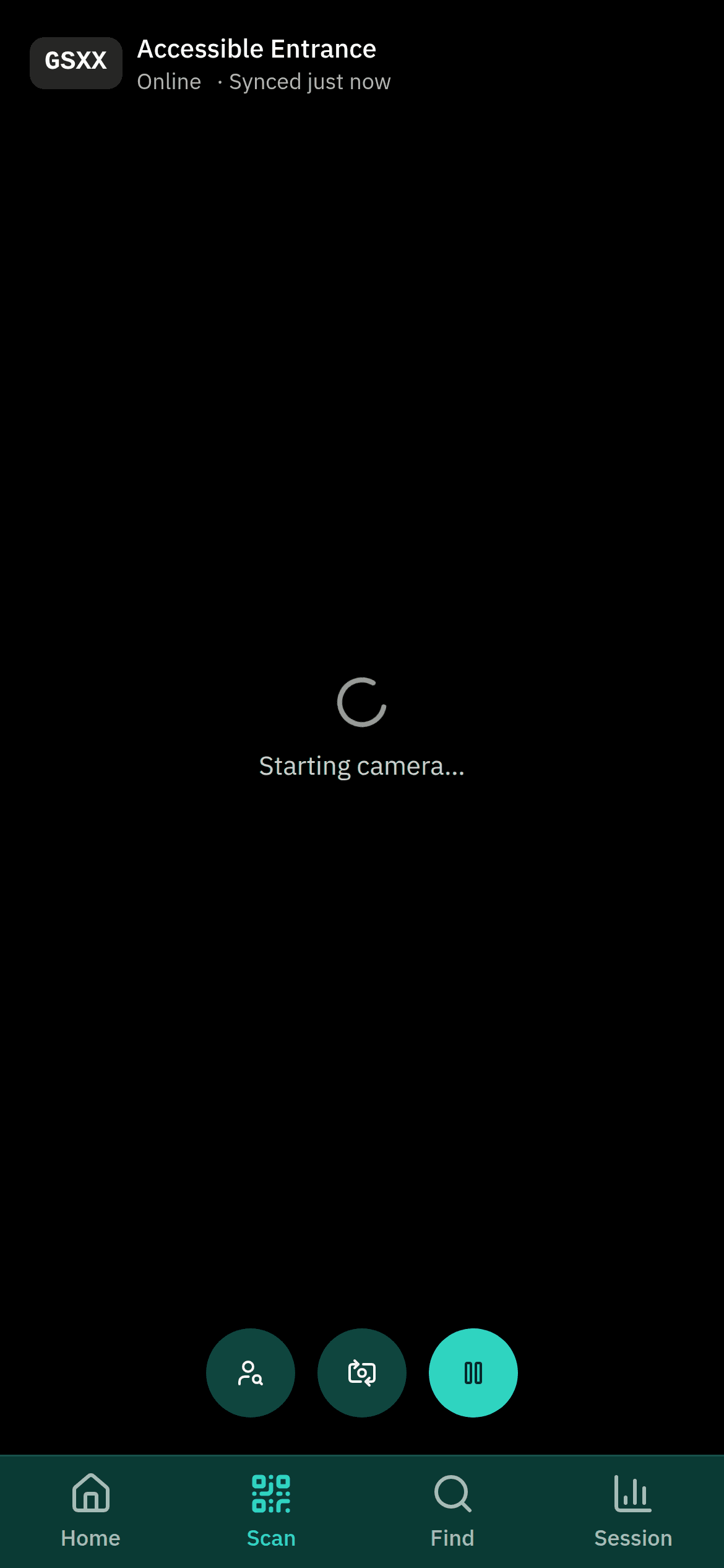 Scanner's scan screen: the device tag 9TSQ, the entry point Accessible Entrance and the status line Online · Synced just now across the top, a Starting camera… spinner mid-frame, and round find-an-attendee, camera-flip and pause buttons across the bottom.