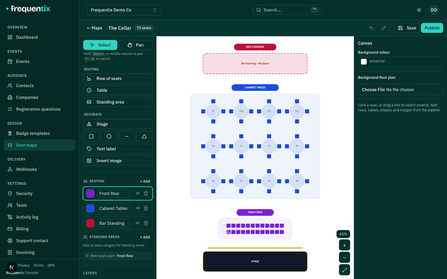 The seat-map builder for a 72-seat comedy club: a palette of rows, tables and standing areas on the left, the canvas in the middle showing a bar standing zone, twelve cabaret tables and a front row facing a stage, and category swatches — Front Row 24, Cabaret Tables 48, Bar Standing 40 — beneath the palette.