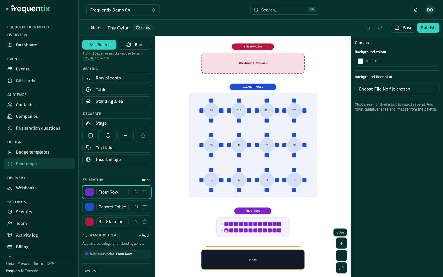 The seat-map builder for a 72-seat comedy club: a palette of rows, tables and standing areas on the left, the canvas in the middle showing a bar standing zone, twelve cabaret tables and a front row facing a stage, and category swatches — Front Row 24, Cabaret Tables 48, Bar Standing 40 — beneath the palette.