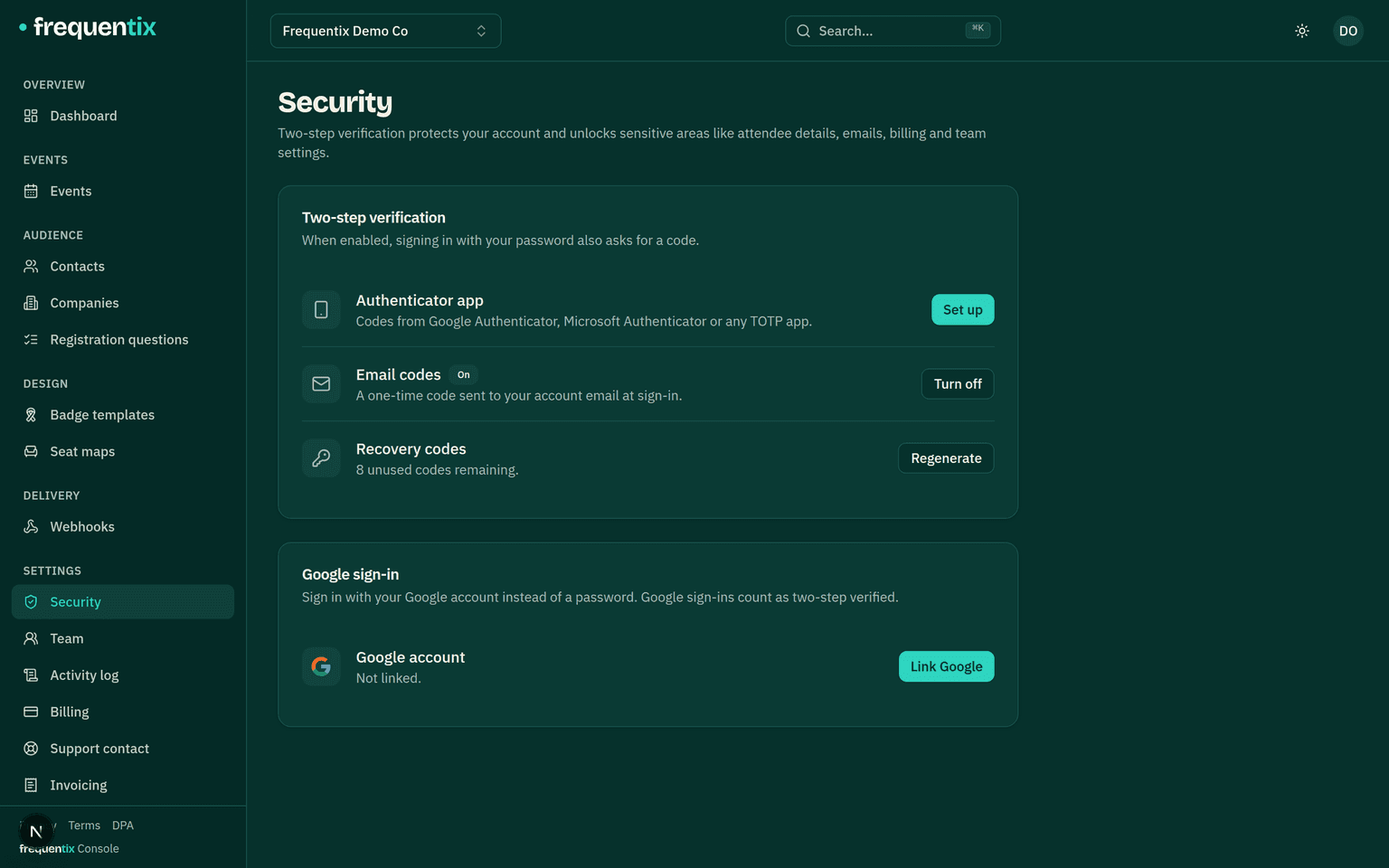Settings → Security: a two-step verification card with Authenticator app and Email codes rows, each with a Set up button.