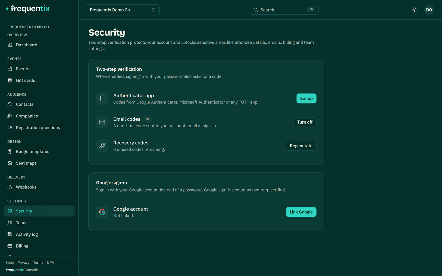 Settings → Security: a two-step verification card with Authenticator app and Email codes rows, each with a Set up button.