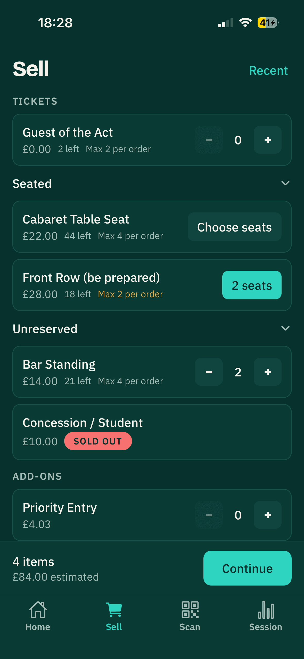 The Sell tab: the door catalogue of ticket types and add-ons, with a basket ready to take payment.