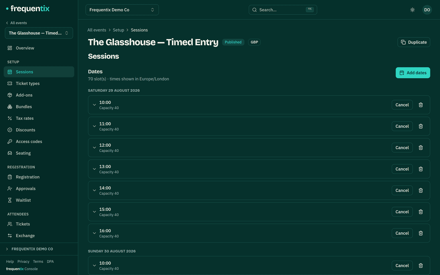 A timed-entry event’s Sessions page: a day’s hourly slots, each with its own capacity and a cancel action.