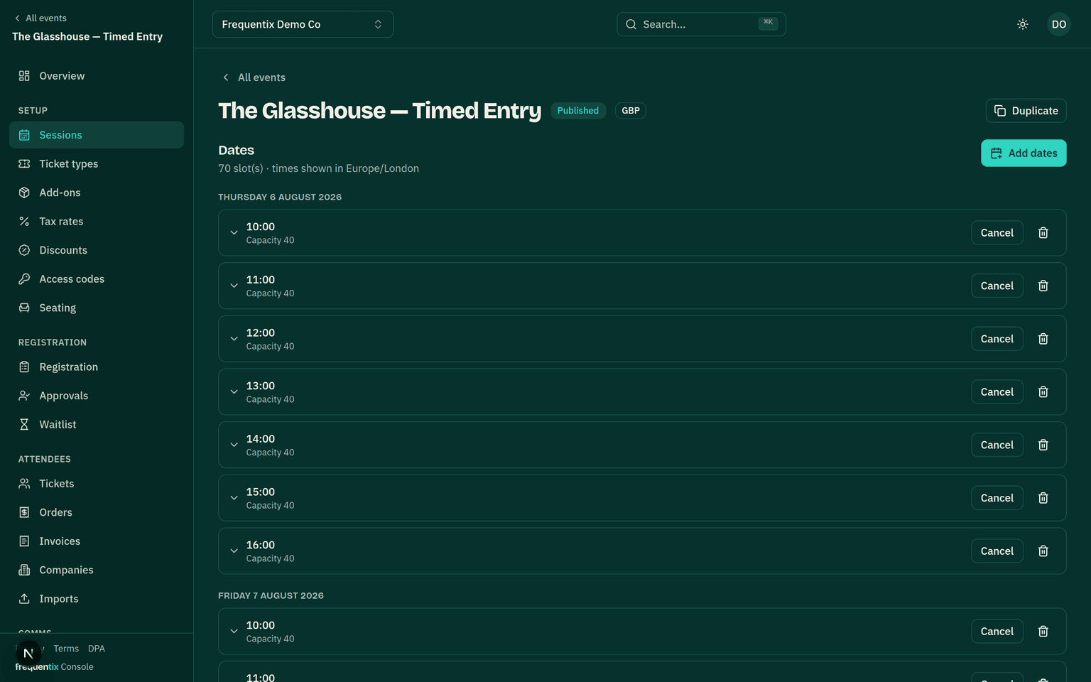 A timed-entry event’s Sessions page: a day’s hourly slots, each with its own capacity and a cancel action.