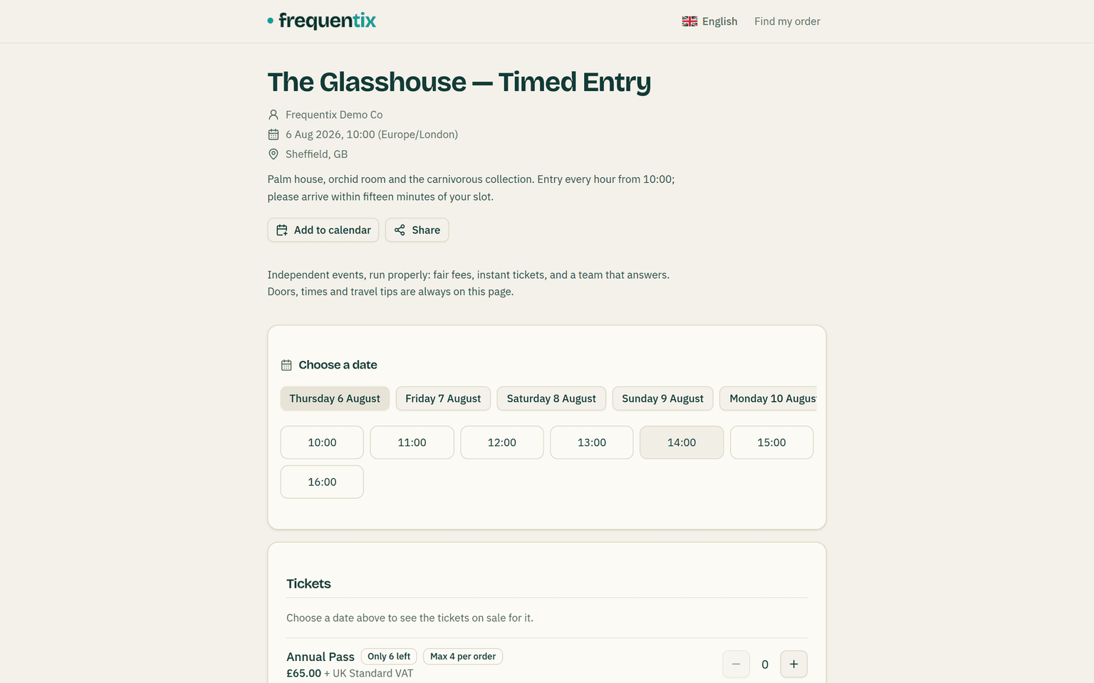 A timed-entry event on the storefront: a strip of days to choose from, then a grid of entry-time slots for the chosen day.