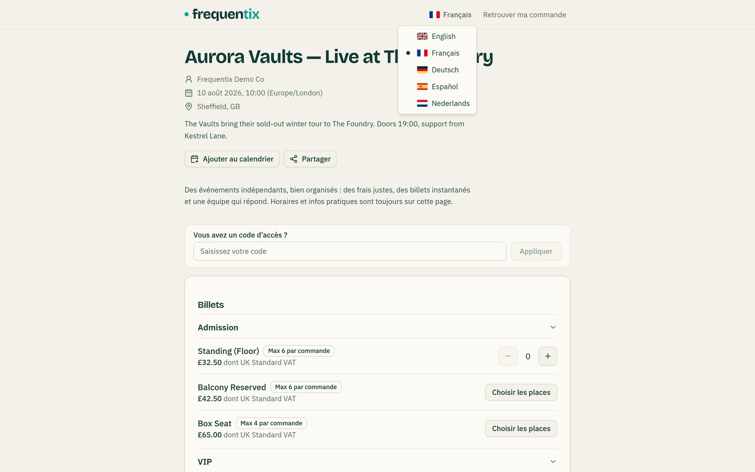 An event page rendered entirely in French, with the header language menu open listing English, Français, Deutsch, Español and Nederlands.