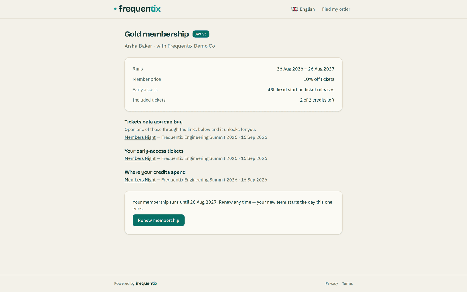 A member's own page on the storefront: “Gold membership” with an Active badge, “Aisha Baker · with Frequentix Demo Co”. A card states Runs 26 Aug 2026 – 26 Aug 2027, Member price 10% off tickets, Early access 48h head start on ticket releases, and Included tickets 2 of 2 credits left. Below sit three link lists — Tickets only you can buy, Your early-access tickets, and Where your credits spend — each naming Members Night at Frequentix Engineering Summit 2026, and a closing card with a Renew membership button reading “Renew any time — your new term starts the day this one ends.”
