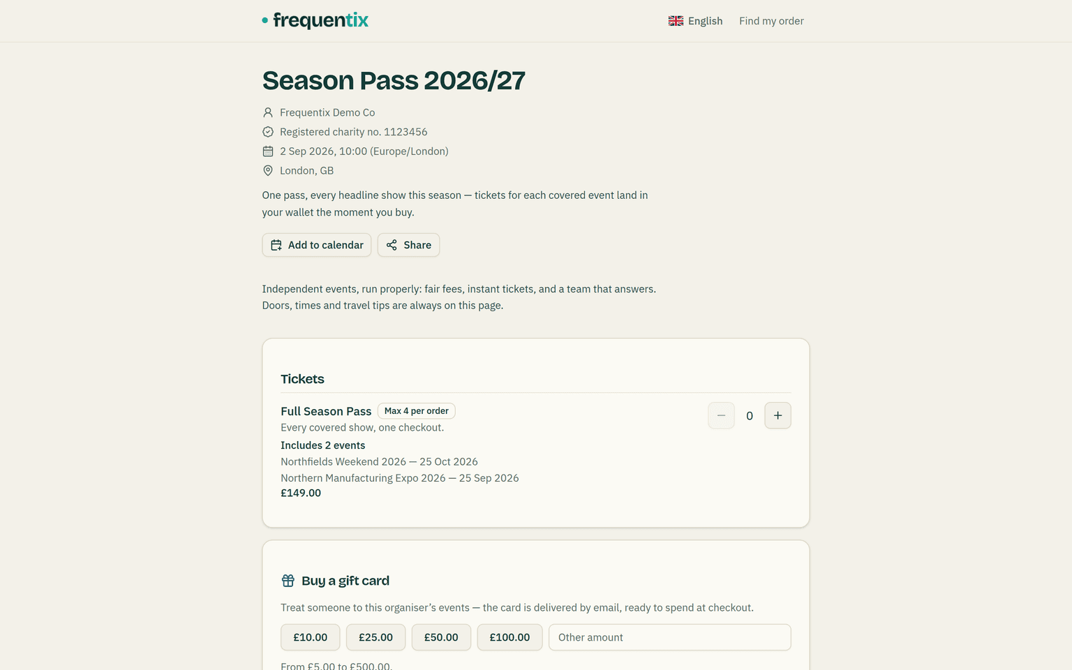 The Season Pass 2026/27 event page on the storefront. The tickets card lists Full Season Pass at £149.00 with a Max 4 per order badge, the line “Every covered show, one checkout.”, and an Includes 2 events list naming Northfields Weekend 2026 — 25 Oct 2026 and Northern Manufacturing Expo 2026 — 25 Sep 2026.