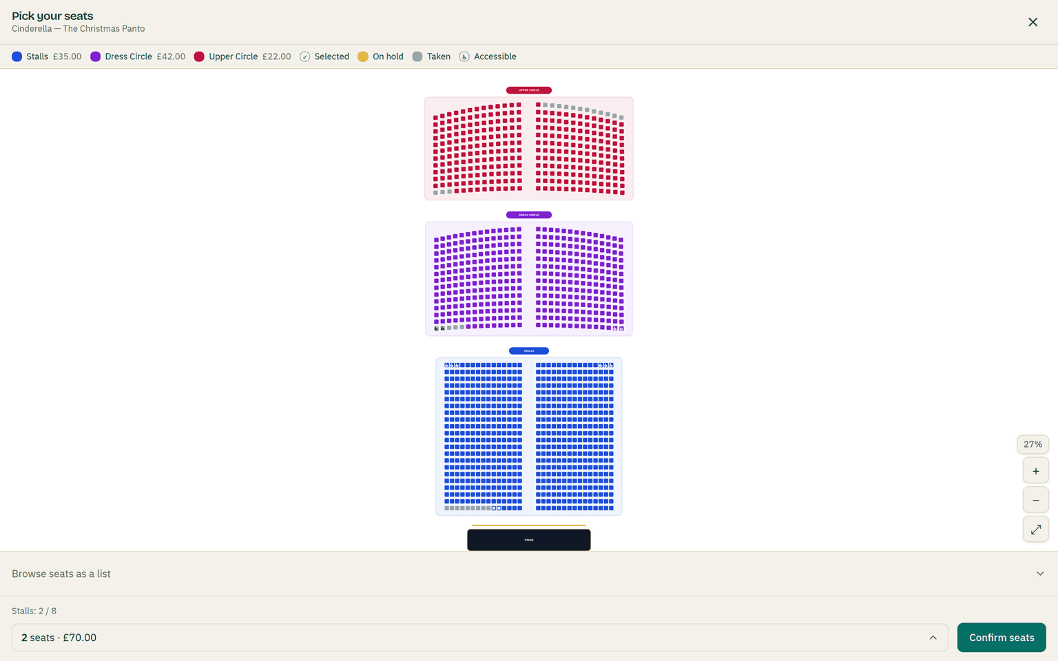 The buyer's seat picker for a three-tier theatre: Upper Circle, Dress Circle and Stalls drawn above the stage, a legend with each tier's price and the Selected, On hold, Taken and Accessible states, a 'Browse seats as a list' disclosure, and the footer reading 2 seats · £70.00 with Confirm seats enabled.